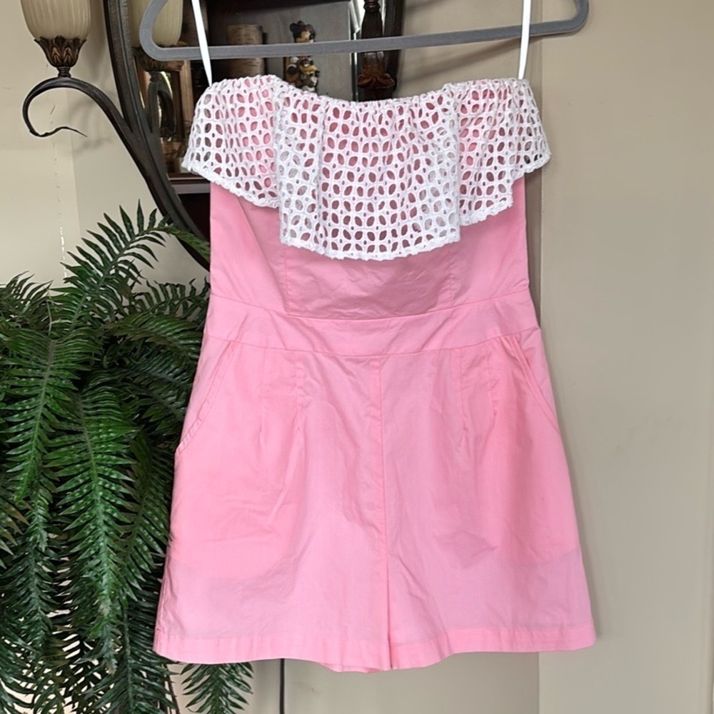 Lauren James Teagan Romper Candy Pink w/ White Crochet Lace Strapless Shorts